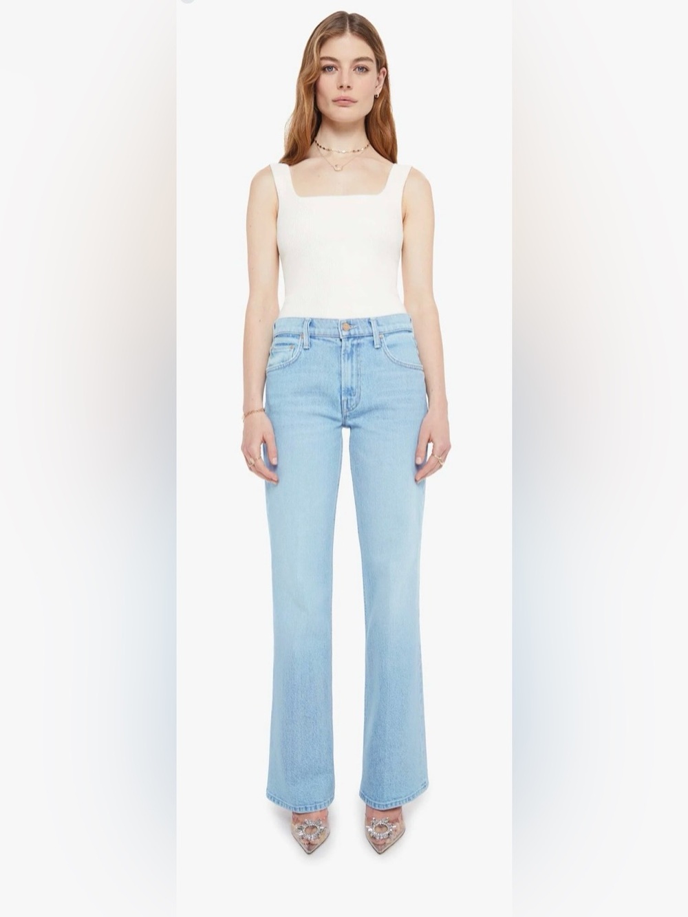 🤩 NWOT MOTHER The Bookie Sneak Jeans Cool As A Cat Light Wash Wide Leg Size 25